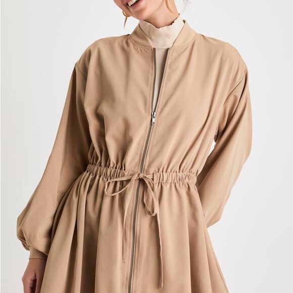 Lulu’s Modern Cutie Light Brown Zip-Front Drawstring Dress W/ Pockets XL NWT - Picture 2 of 8